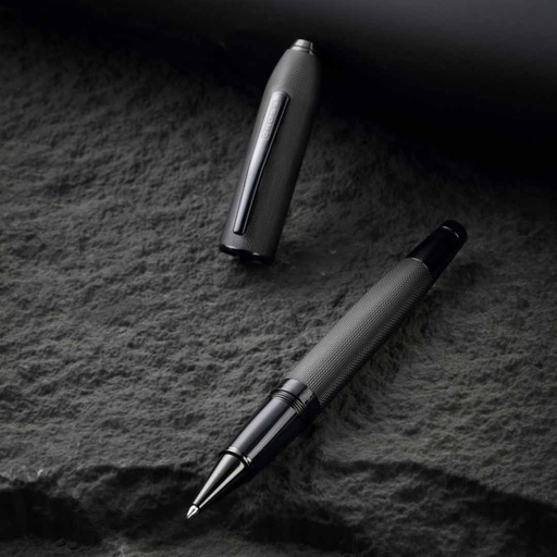 Peerless™ Polished Black PVD Engraved Diamond Pattern with Black PVD Appointments and Swarovski Crystal Rollerball Pen (Blue Ink)