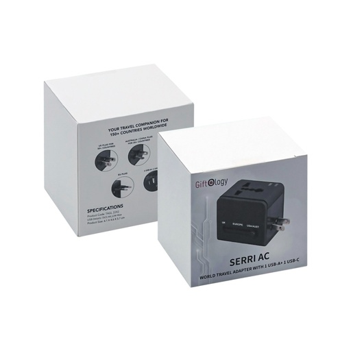SERRI AC - Giftology Travel Adapter with Type C Compatibility - Black 